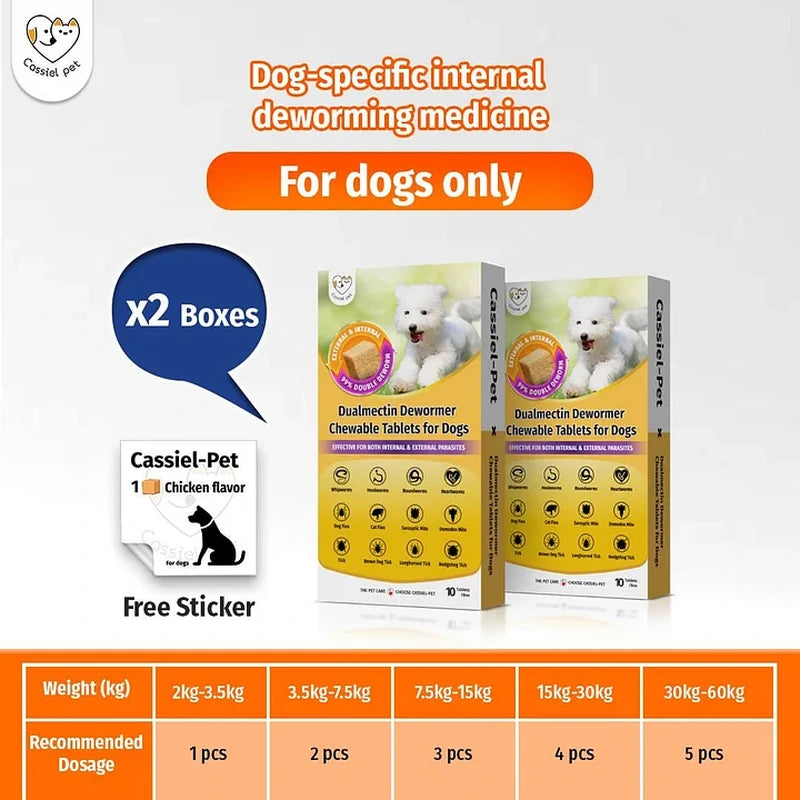 Two-box Cassiel Pet Dualmectin dog dewormer bundle with chicken-flavor sticker and dosage chart
