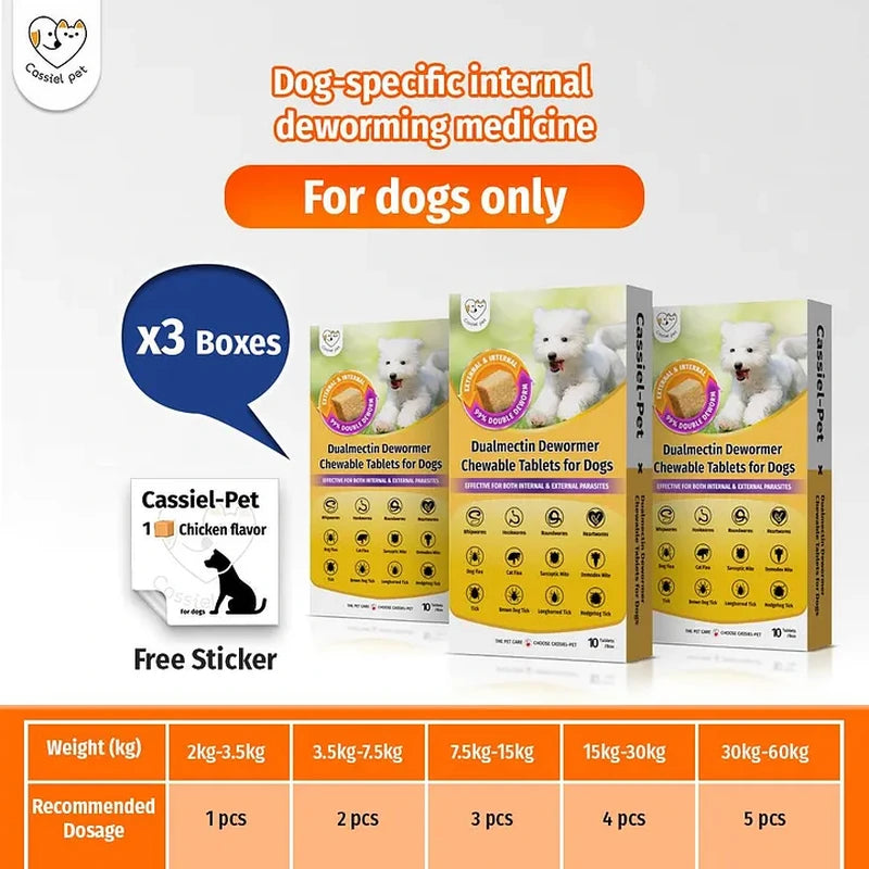 Three-box Cassiel Pet Dualmectin dog dewormer bundle with chicken-flavor sticker and dosage chart