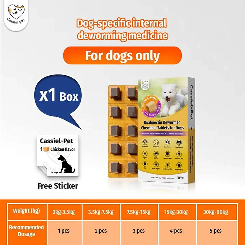 Cassiel Pet Dualmectin dog dewormer 10-tablet box with weight-based dosage chart from 2 to 60 kg