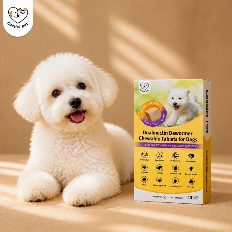 White dog beside a box of Cassiel Pet Dualmectin dewormer chewable tablets