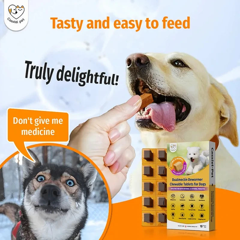 Dog eating a Cassiel Pet Dualmectin chicken-flavor dewormer chew with product box and blister pack