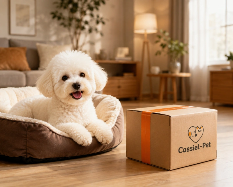 Happy dog with a Cassiel Pet package at home, representing convenient delivery of pet healthcare products and everyday care solutions for dogs and cats.