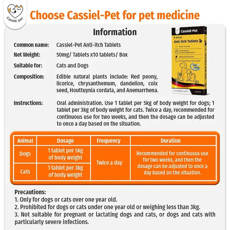 Cassiel Pet ingredients directions and weight-based dosage chart