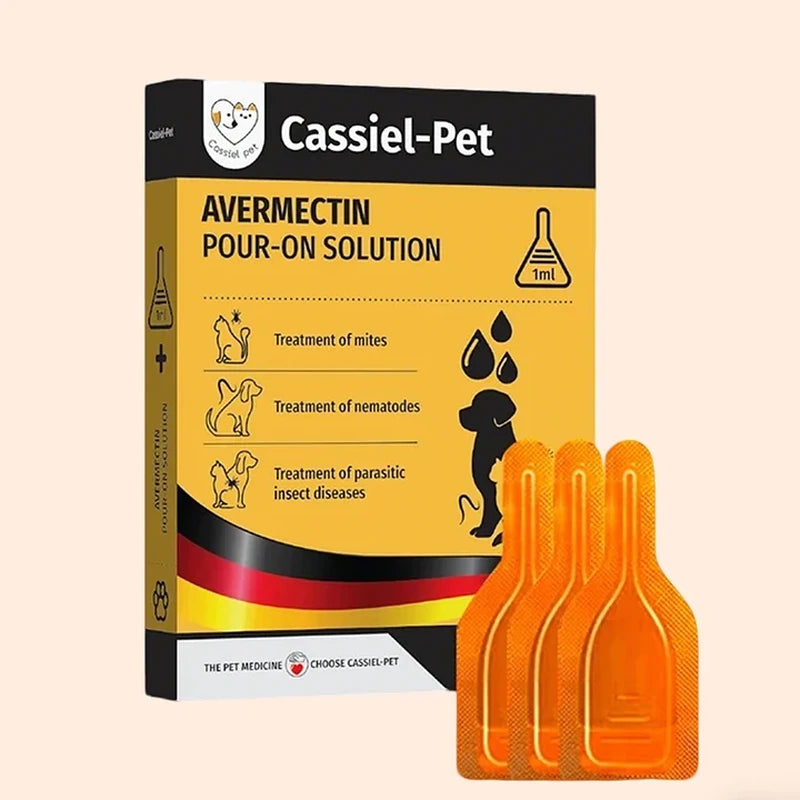 Cassiel Pet Avermectin spot-on drops box with three 1 ml ampoules