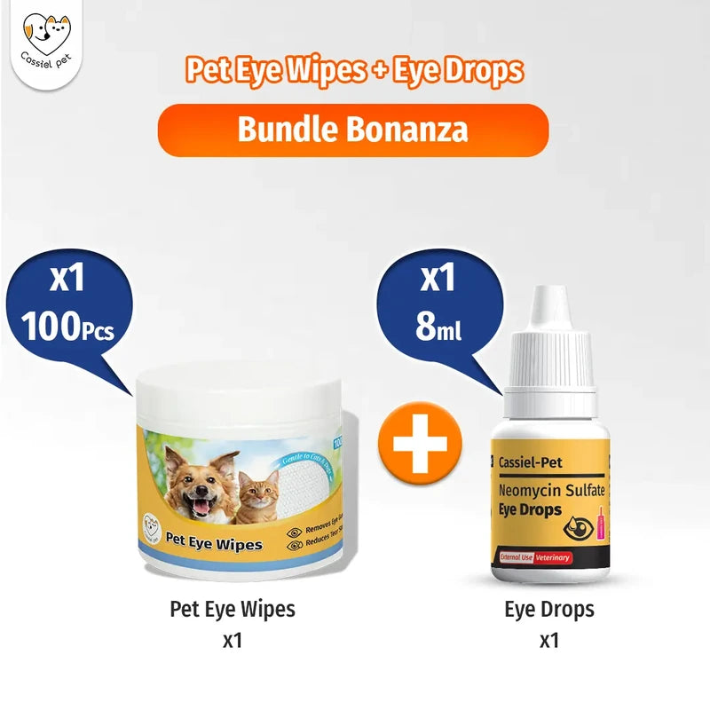 Cassiel Pet 100 eye wipes and 8 ml botanical eye drops bundle