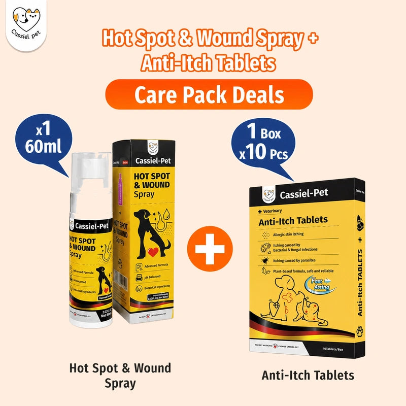 Cassiel Pet Hot Spot Spray and anti-itch tablets care pack