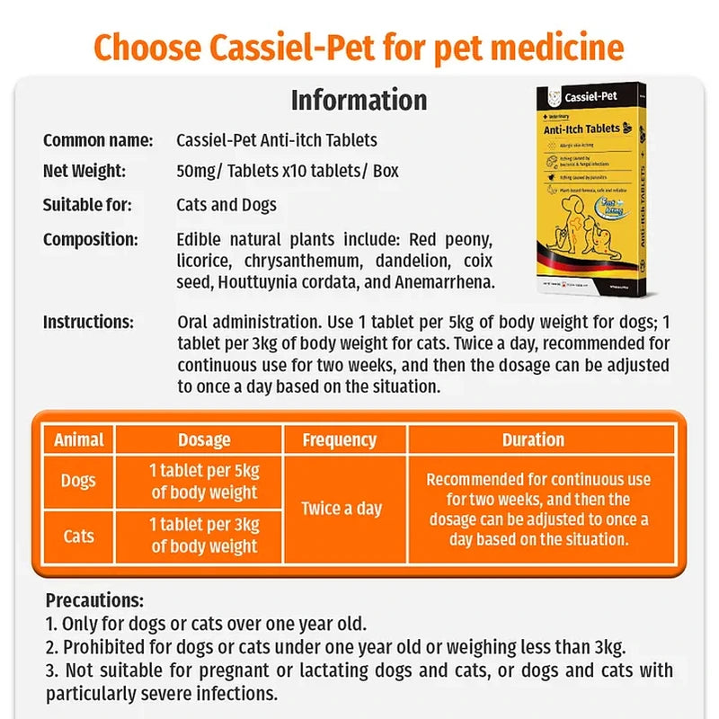 Cassiel Pet anti-itch tablets ingredients directions and dosage
