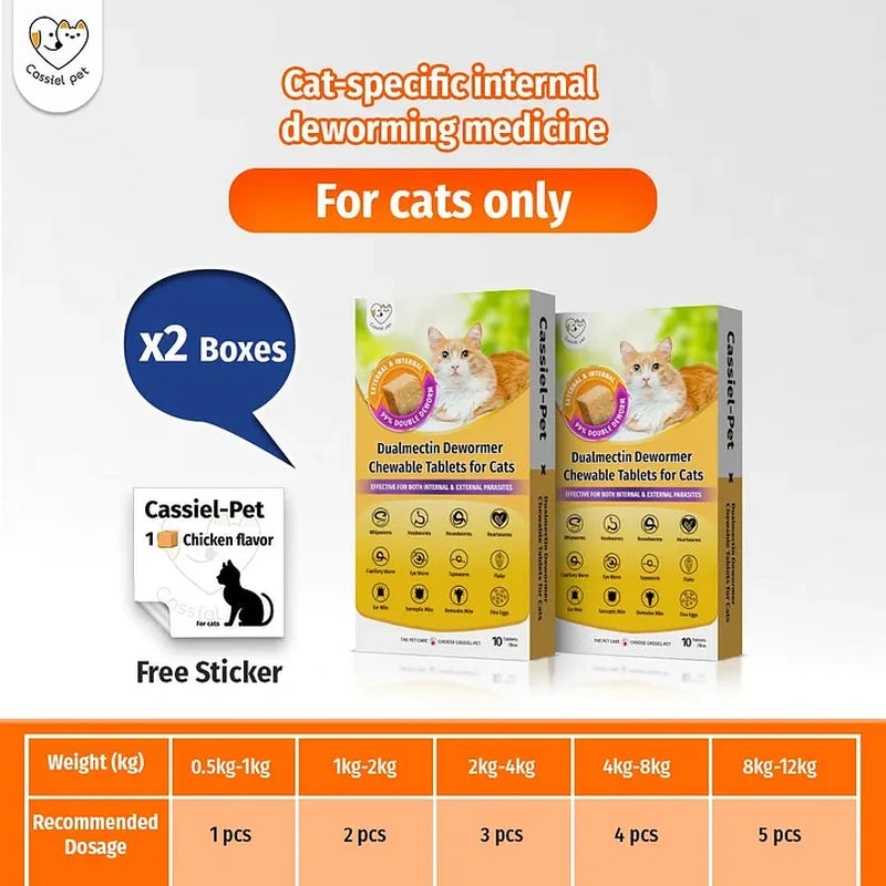 Cassiel Pet two-box cat dewormer bundle with dosage chart