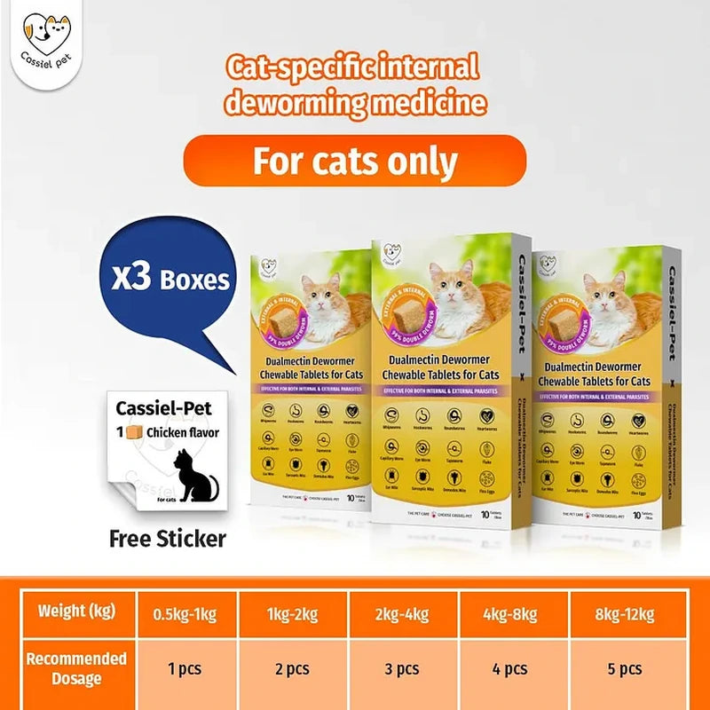 Cassiel Pet three-box cat dewormer bundle with dosage chart
