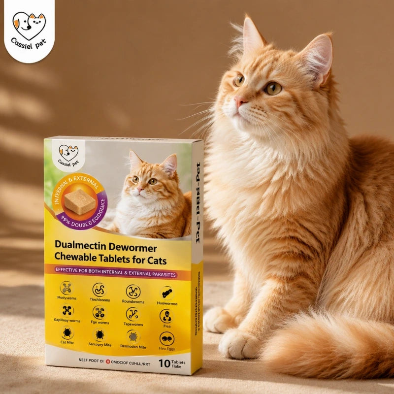 Cassiel Pet orange cat beside Dualmectin cat dewormer box