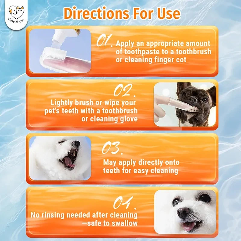 Cassiel Pet four-step directions for brushing dog and cat teeth