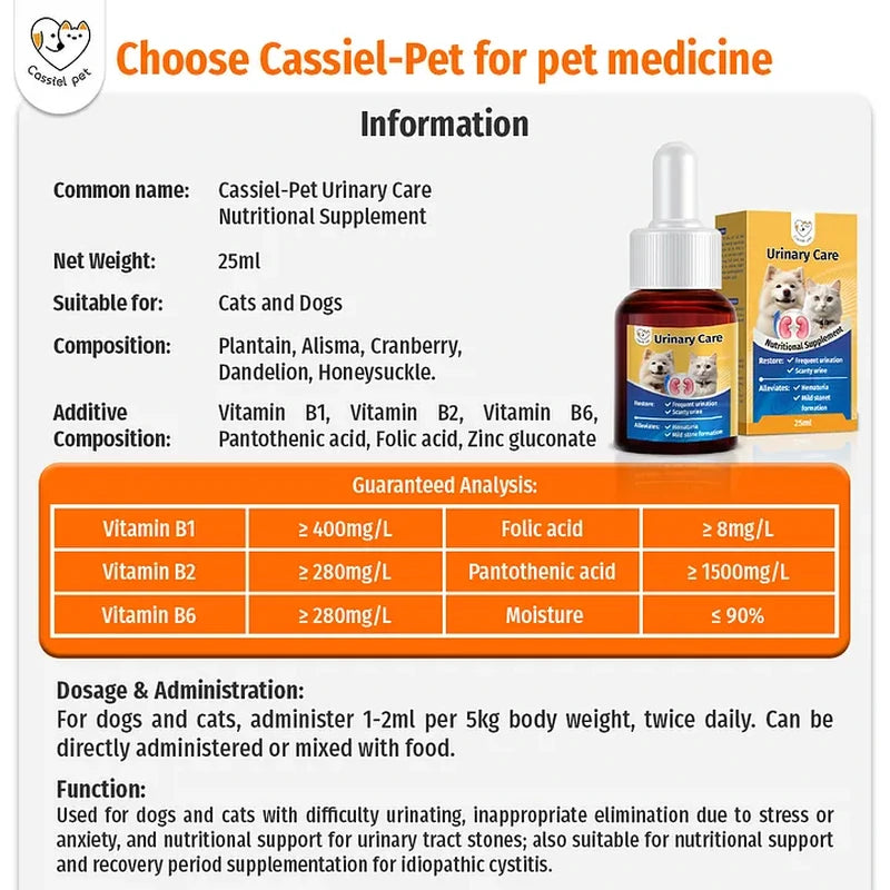 Cassiel Pet ingredients directions and dog and cat dosage chart